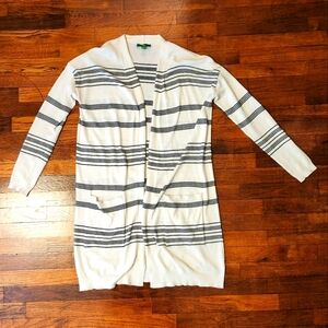White and Black Striped Womens Cardigan with Pockets